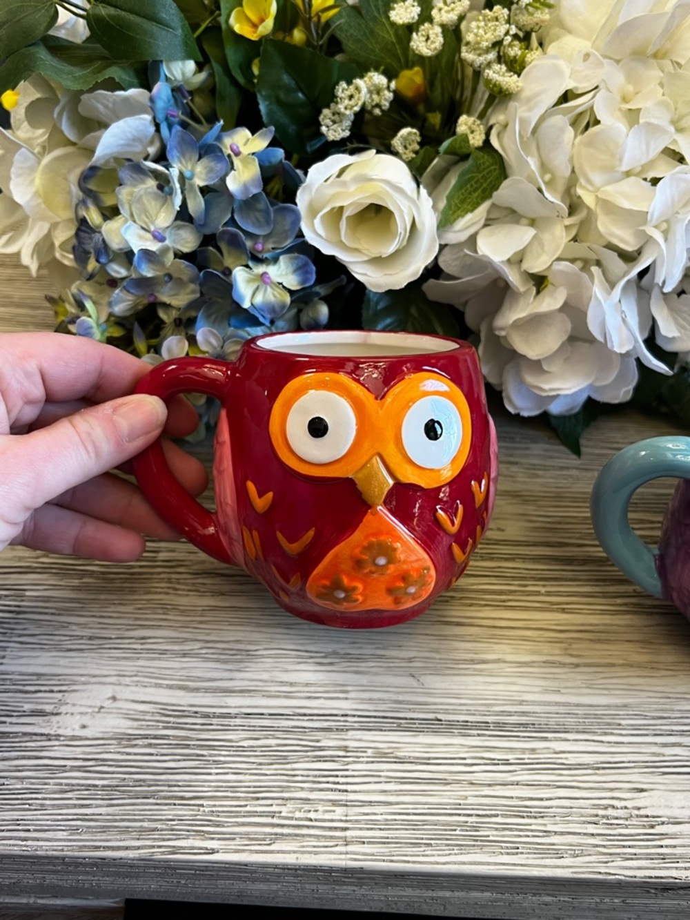 Colorful Owl Ceramic Mug Set of 4 - Blue, Orange, Green, Red - Picture 2 of 10